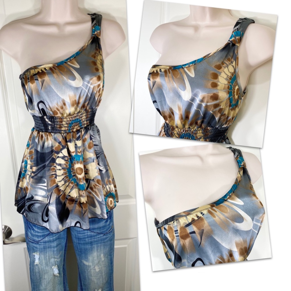 Satin One Shoulder Retro Tie Dye Design Tank Top
